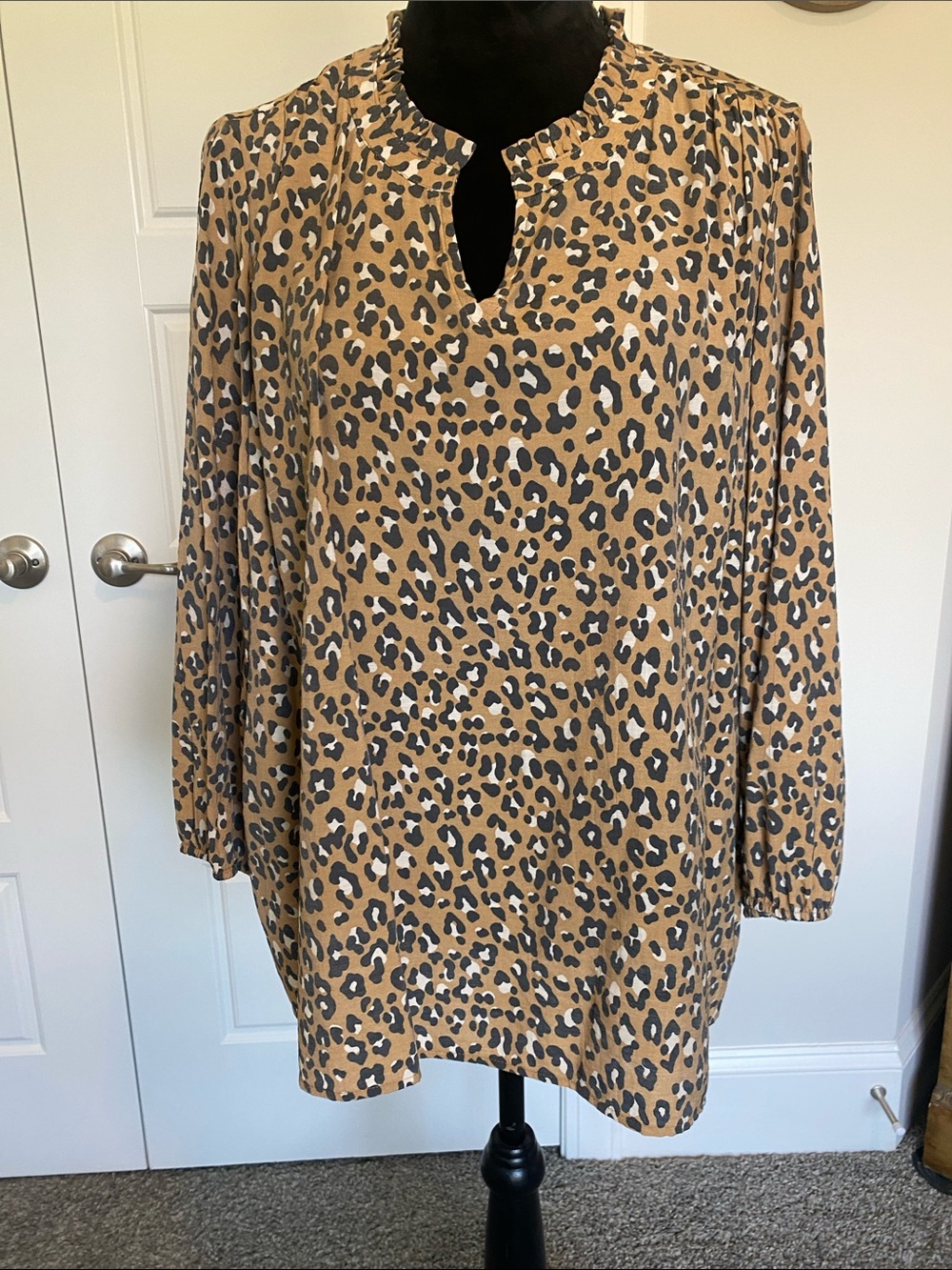 Kim Rogers Tan Leopard Print Long Sleeve Blouse